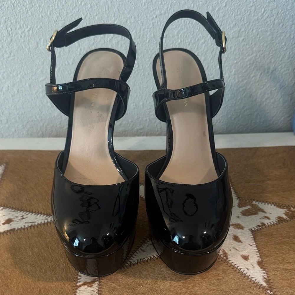 Stuart Weitzman Patent Black Platform Slingback Heels - Picture 3 of 13